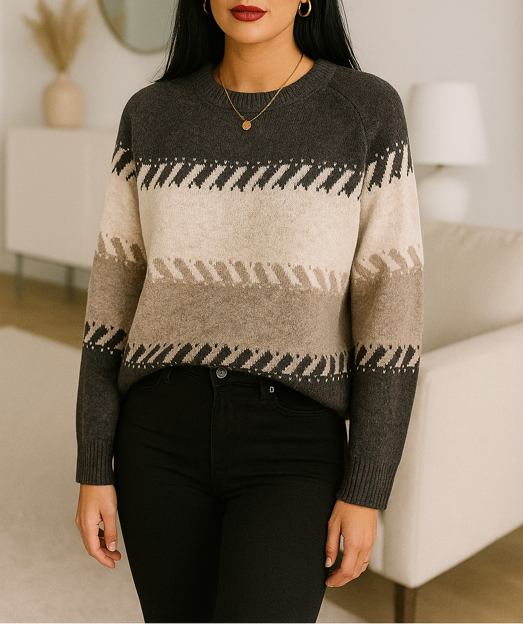 Pull en maille à motifs géométriques – Marron chocolat & beige