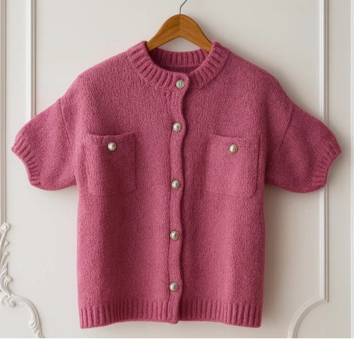 Gilet doux à manches courtes –Rose- Gris