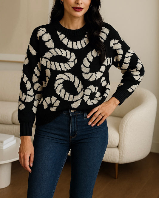 Pull oversize noir à motifs graphiques blanc
