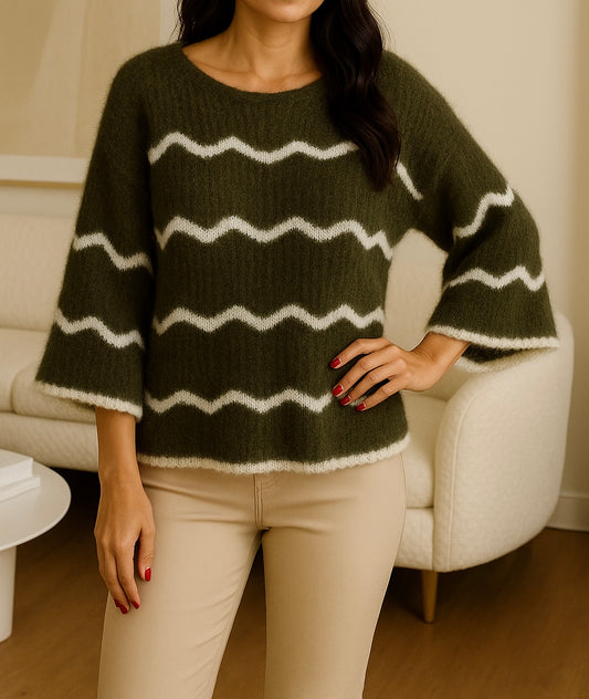 Pull ample fluffy en motif zigzag – Kaki