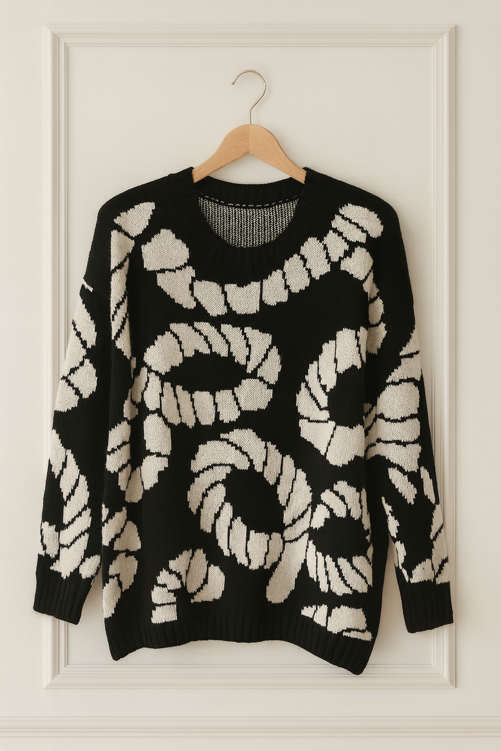 Pull oversize noir à motifs graphiques blanc