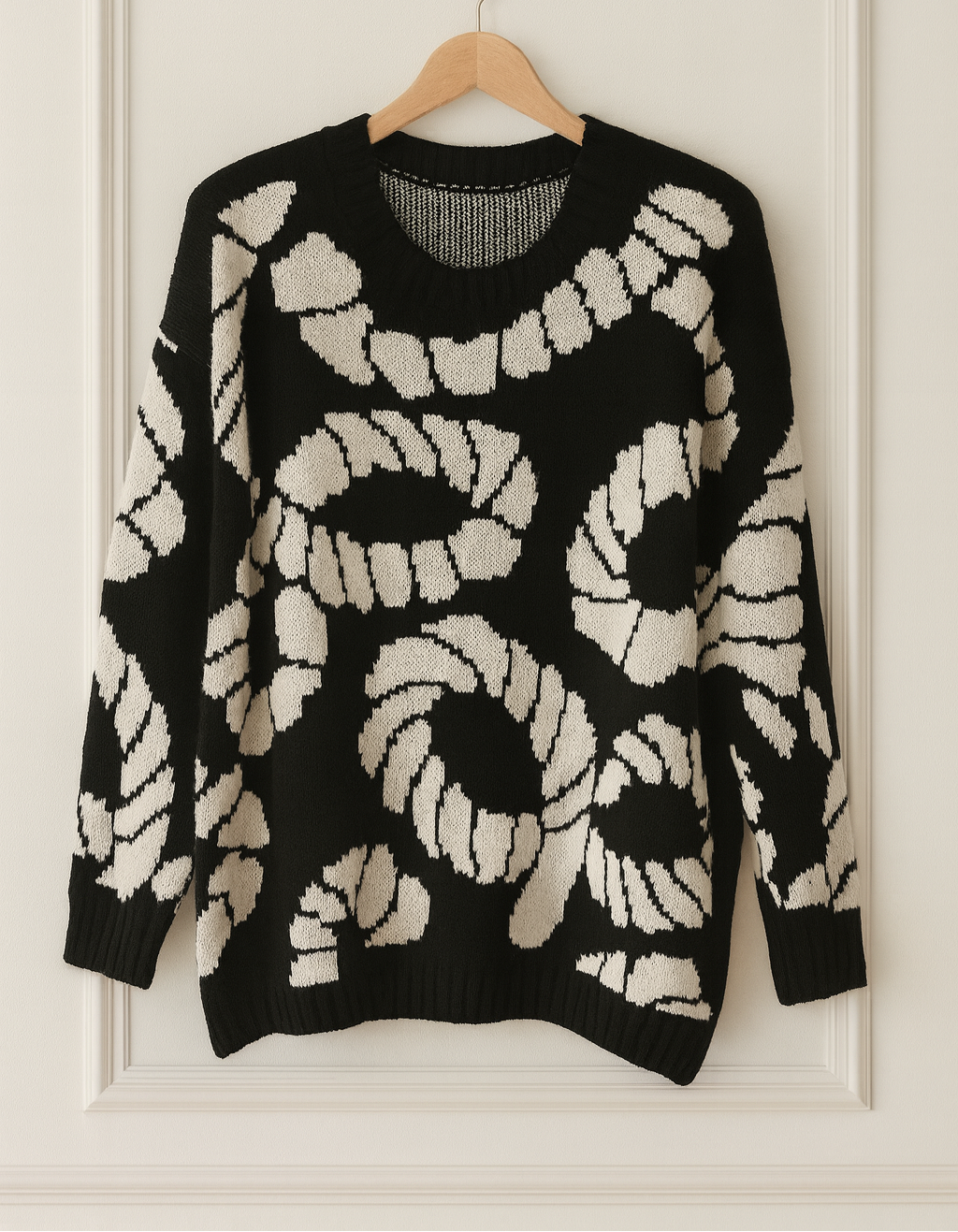 Pull oversize noir à motifs graphiques blanc