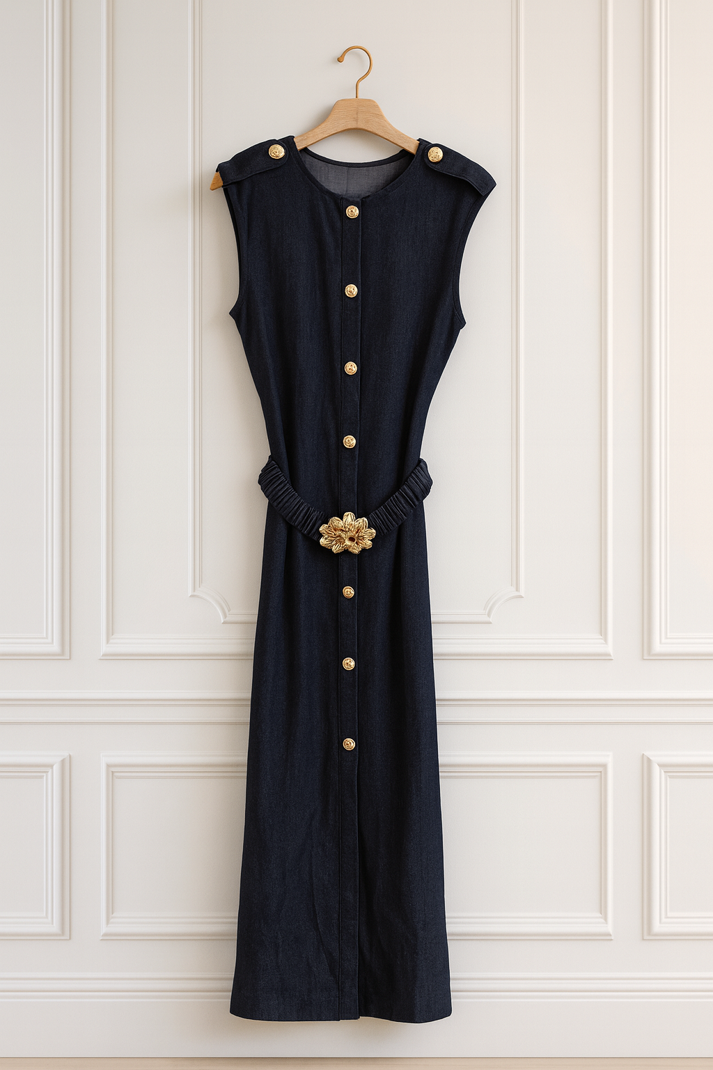 Robe longue en denim avec ceinture dorée