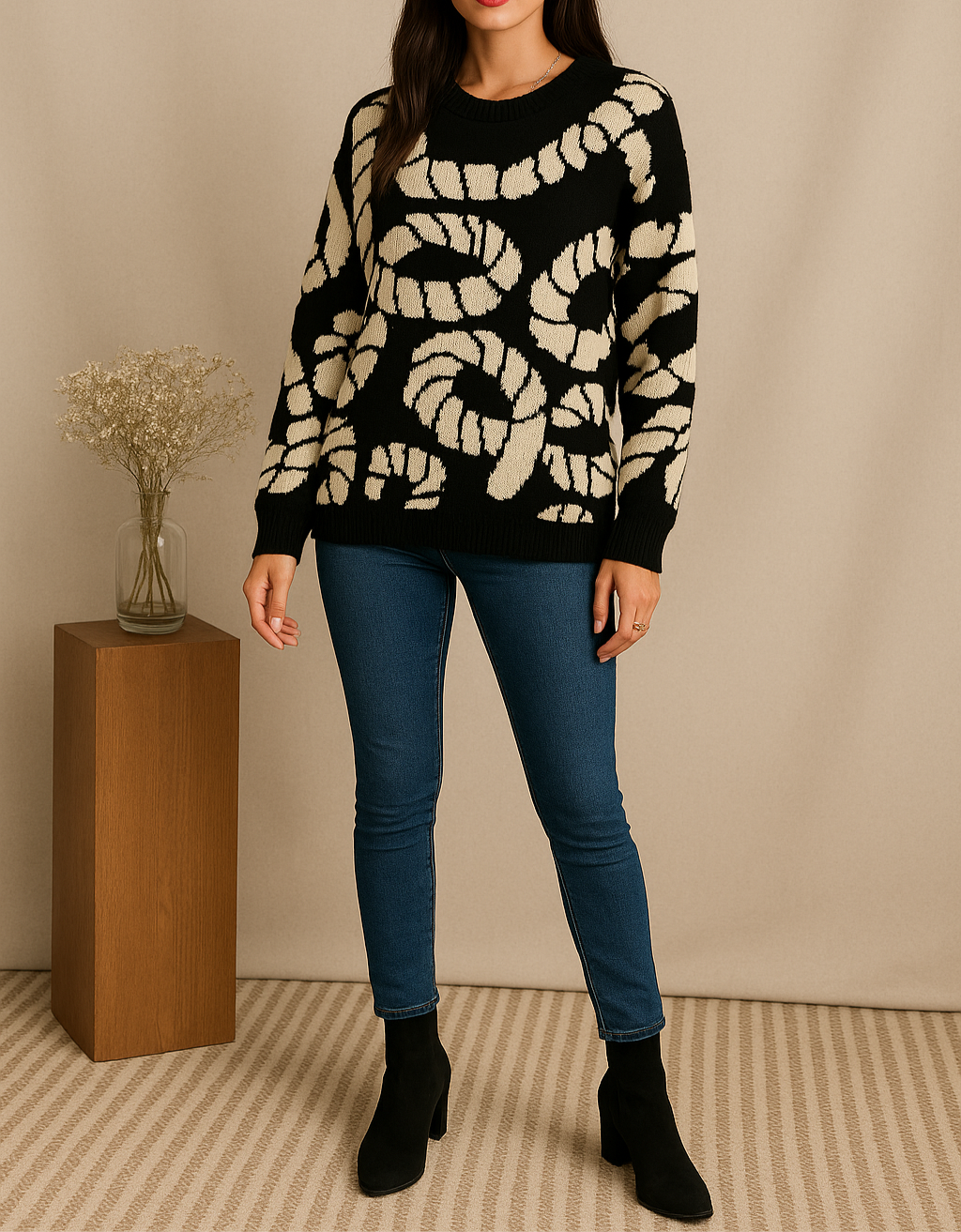 Pull oversize noir à motifs graphiques blanc