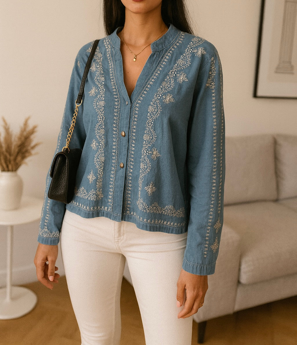 Chemise  en denim brodé – Bleu denim