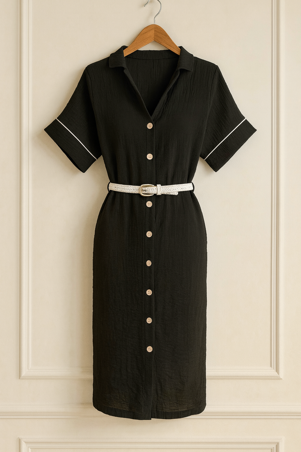 Robe chemise noire élégante à ceinture