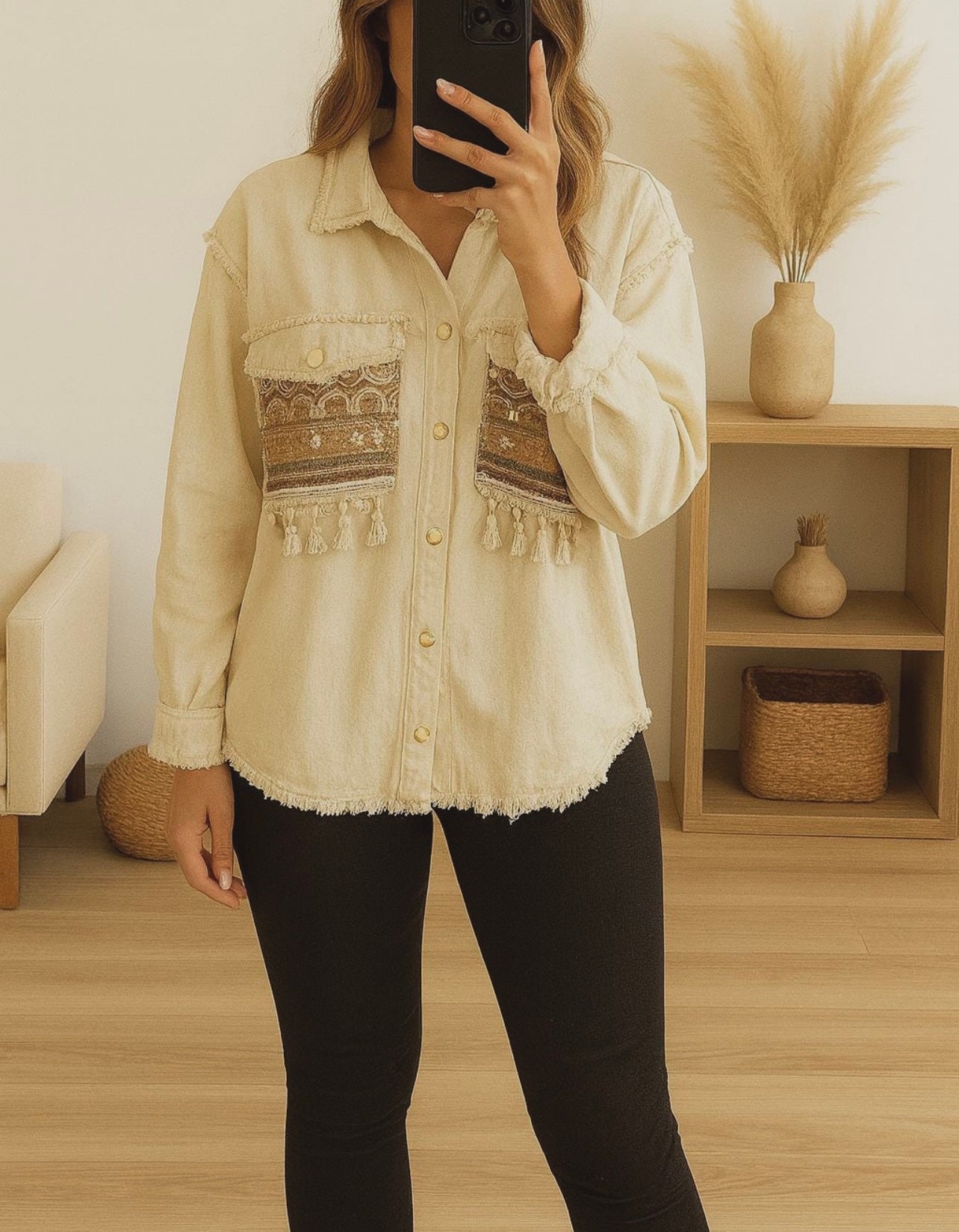 Chemise femme brodée kaki- Bohème chic