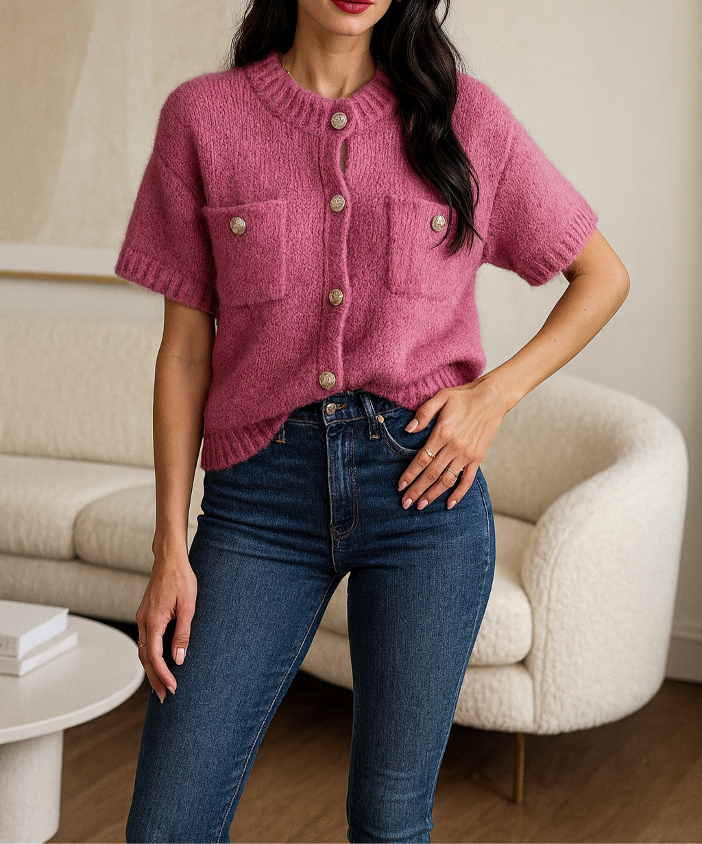 Gilet doux à manches courtes –Rose- Gris