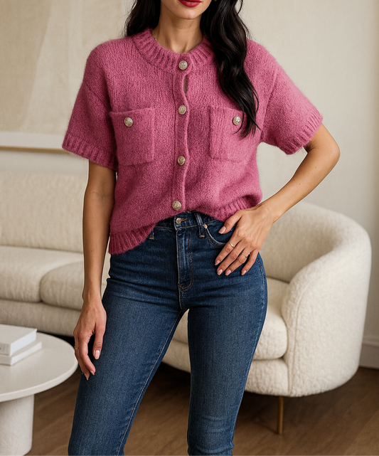 Gilet doux à manches courtes –Rose- Gris