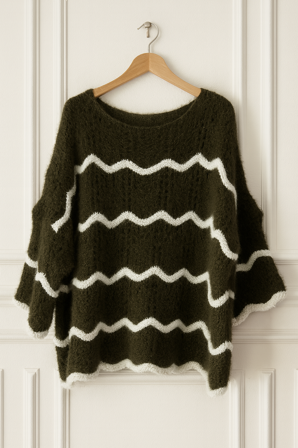 Pull ample fluffy en motif zigzag – Kaki