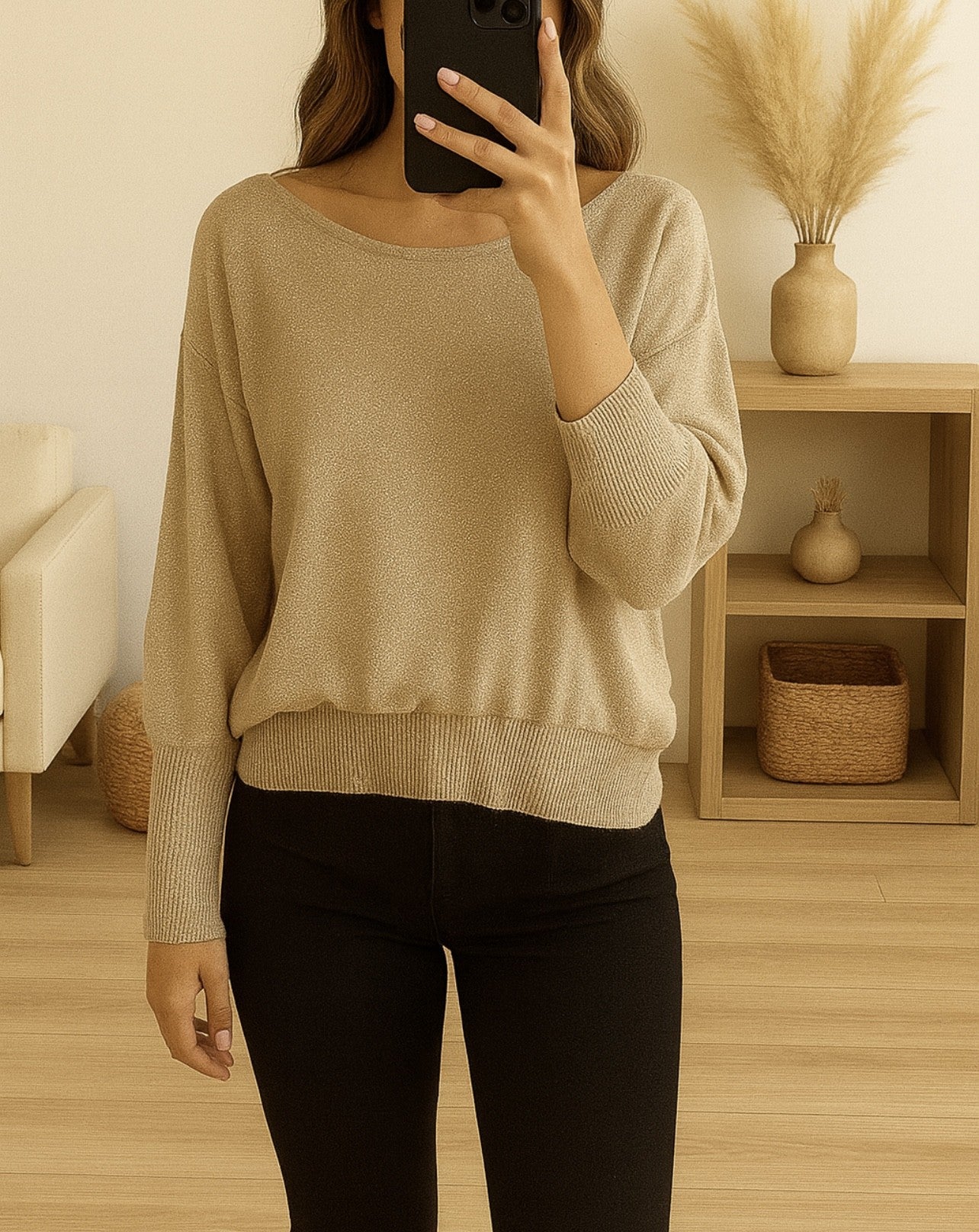 Pull brillant oversize léger – Kaki ou Beige doré