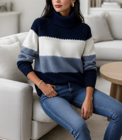 Pull col roulé à rayures contrastées – Marine, blanc & bleu