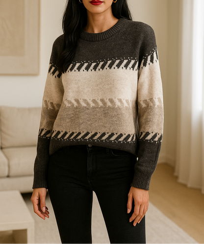 Pull en maille à motifs géométriques – Marron chocolat  & beige