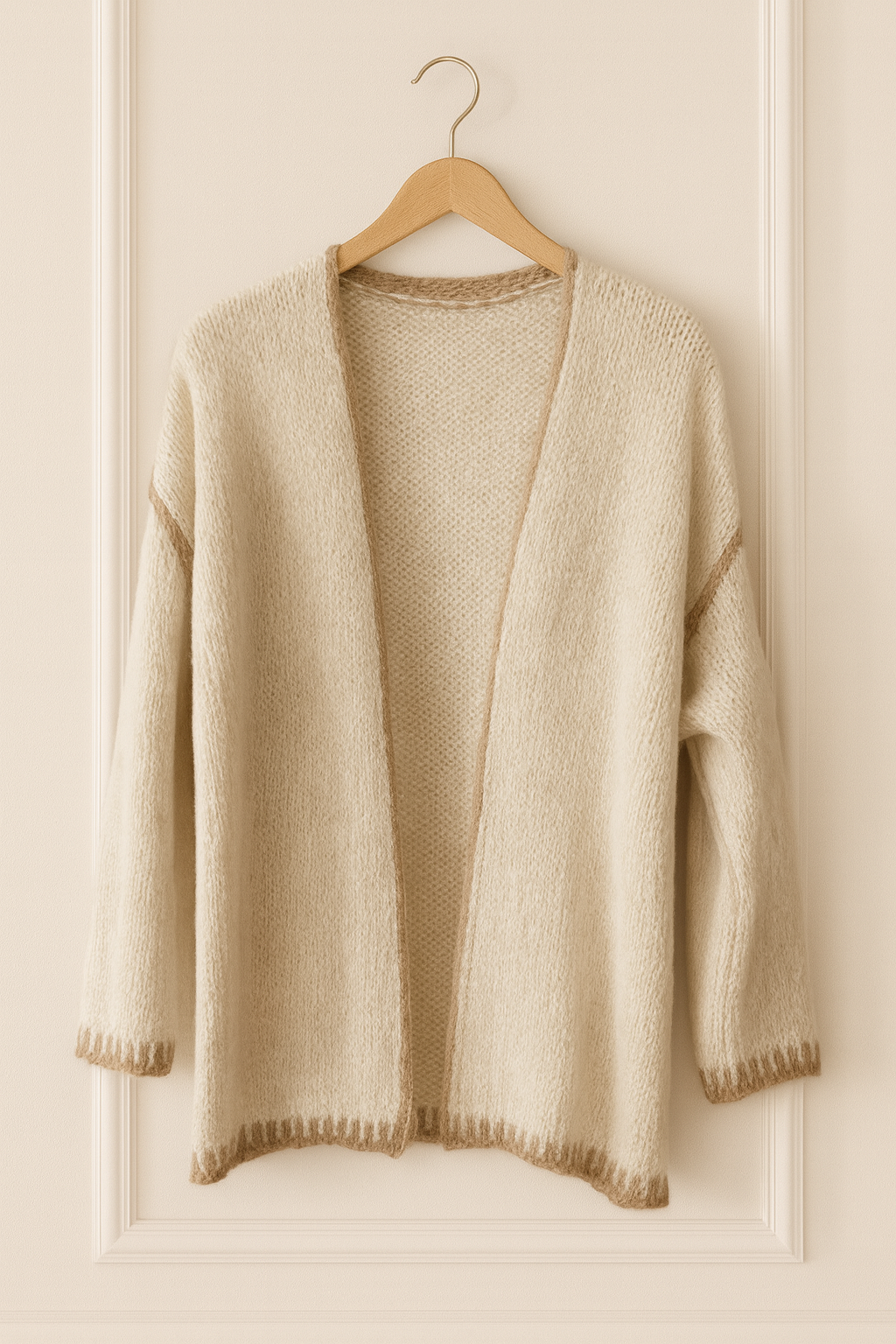 Gilet ouvert en maille douce – Camel / Rose
