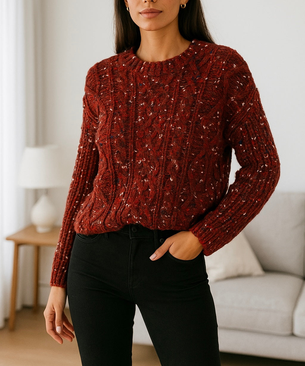 Pull en maille torsadée – Bordeaux chiné