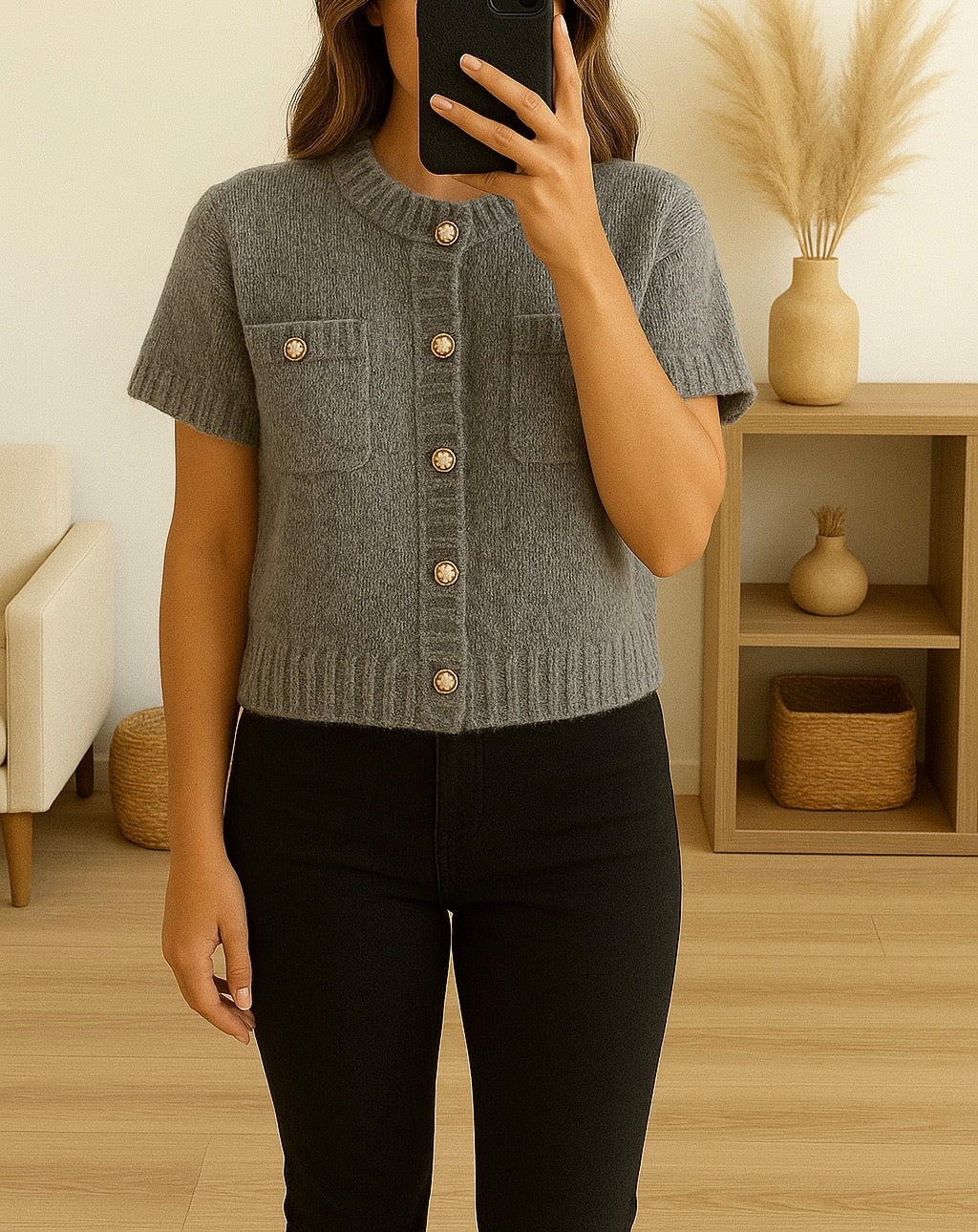 Gilet doux à manches courtes –Rose- Gris