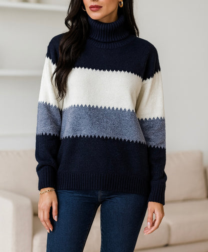Pull col roulé à rayures contrastées – Marine, blanc & bleu