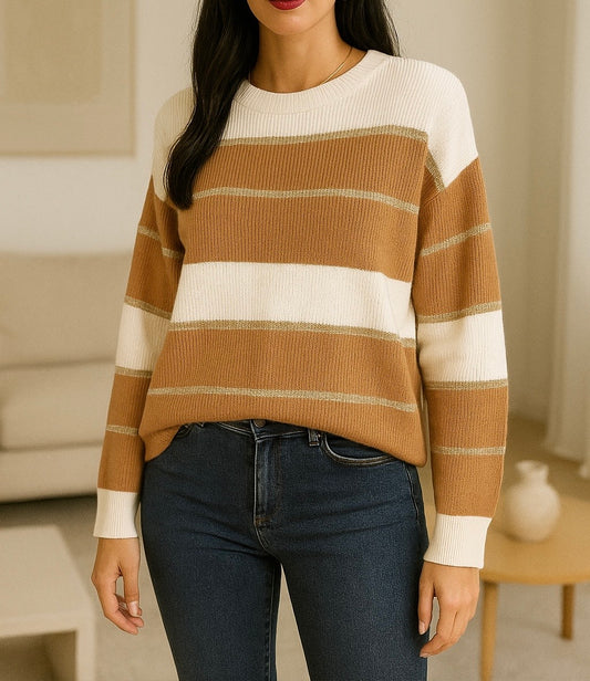 Pull en maille à rayures – Beige, caramel & doré