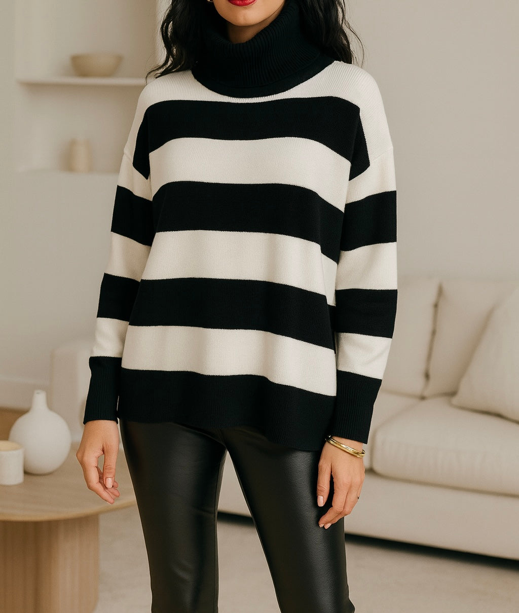 Pull col roulé à larges rayures – Noir & blanc