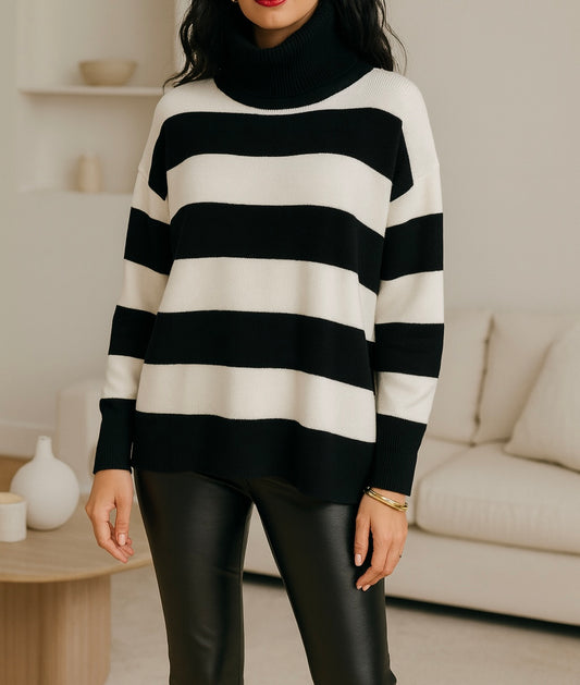 Pull col roulé à larges rayures – Noir & blanc