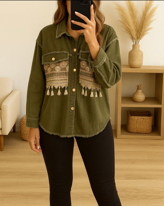 Chemise femme  brodée kaki-  Bohème chic