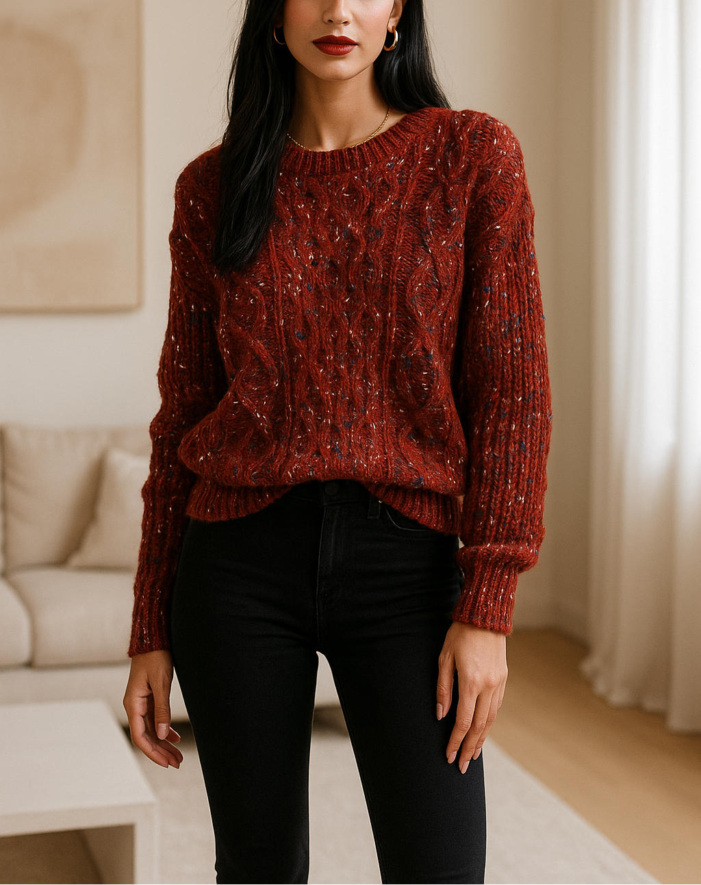 Pull en maille torsadée – Bordeaux chiné