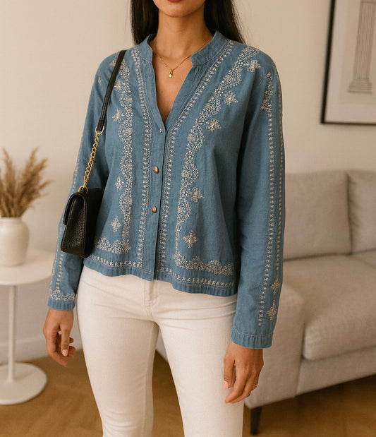 Chemise  en denim brodé – Bleu denim