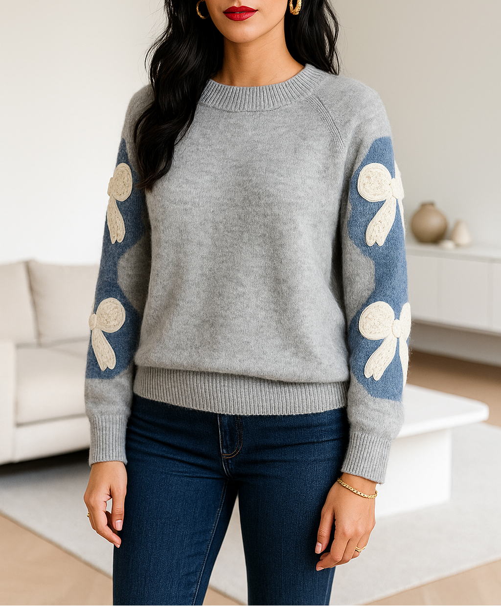 Pull en maille avec fleurs à sequins – Gris & bleu