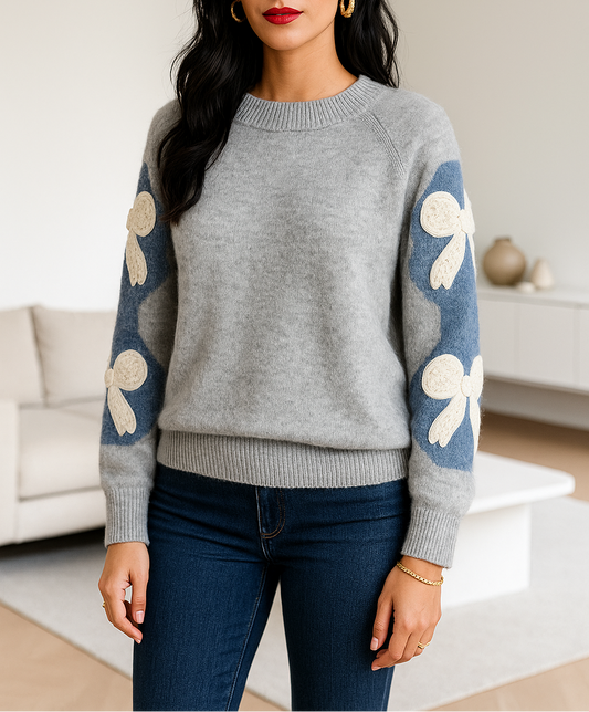 Pull en maille avec fleurs à sequins – Gris & bleu