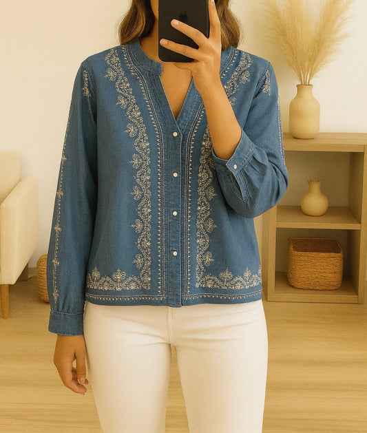 Chemise  en denim brodé – Bleu denim