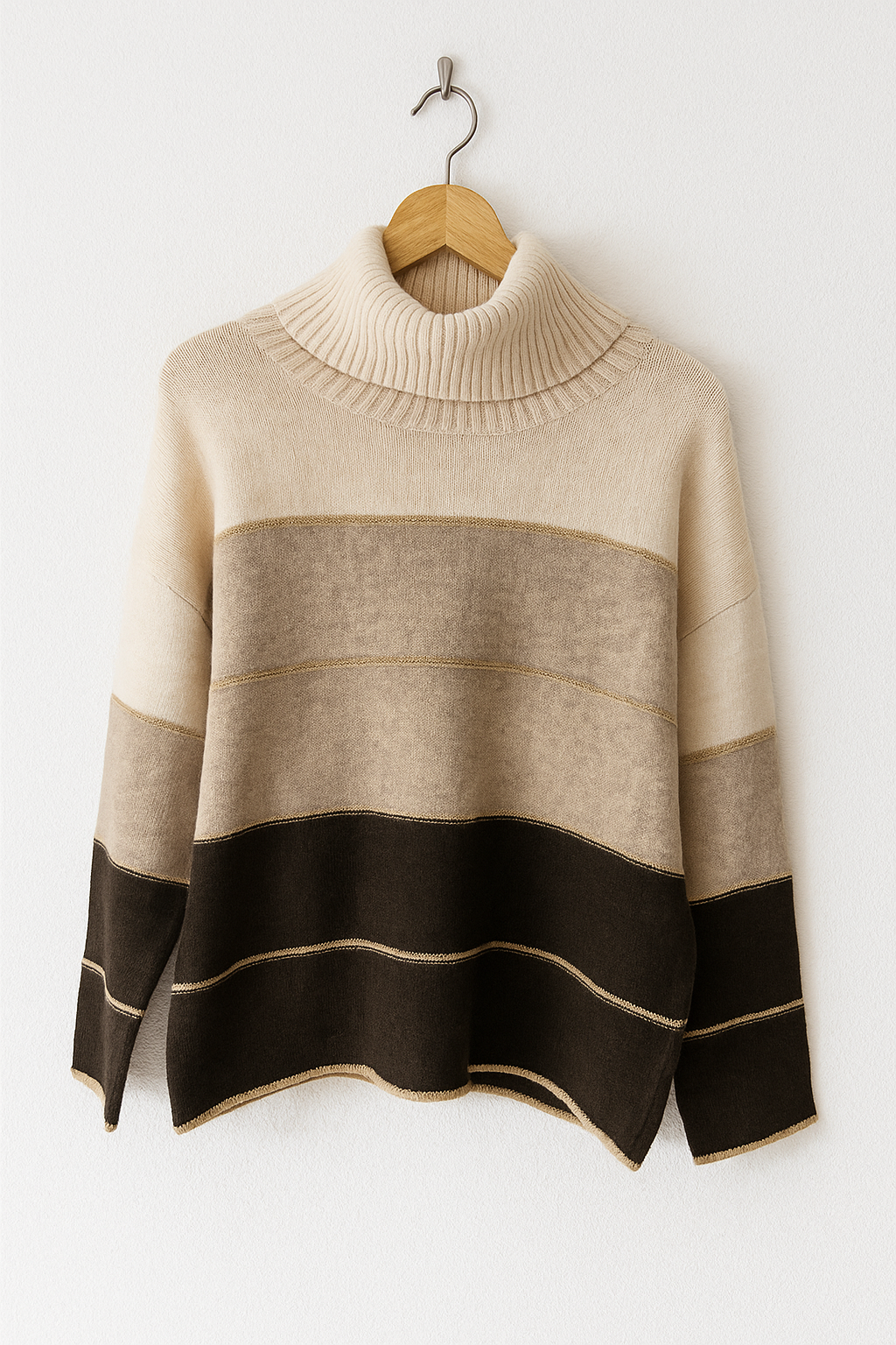 Pull col roulé à rayures larges – Dégradé beige & chocolat