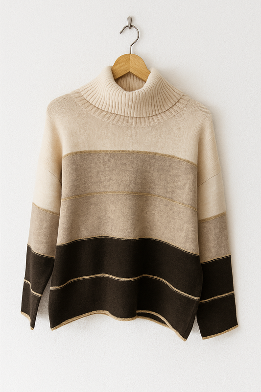 Pull col roulé à rayures larges – Dégradé beige & chocolat