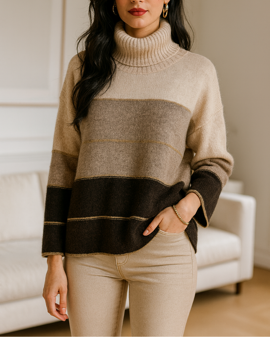 Pull col roulé à rayures larges – Dégradé beige & chocolat