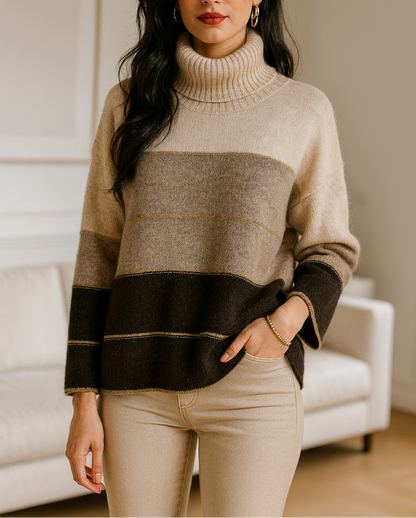 Pull col roulé à rayures larges – Dégradé beige & chocolat