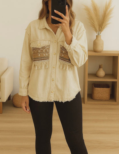 Chemise femme  brodée kaki-  Bohème chic