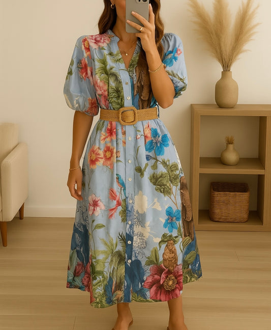 Robe chemisier fleurie – Bleue