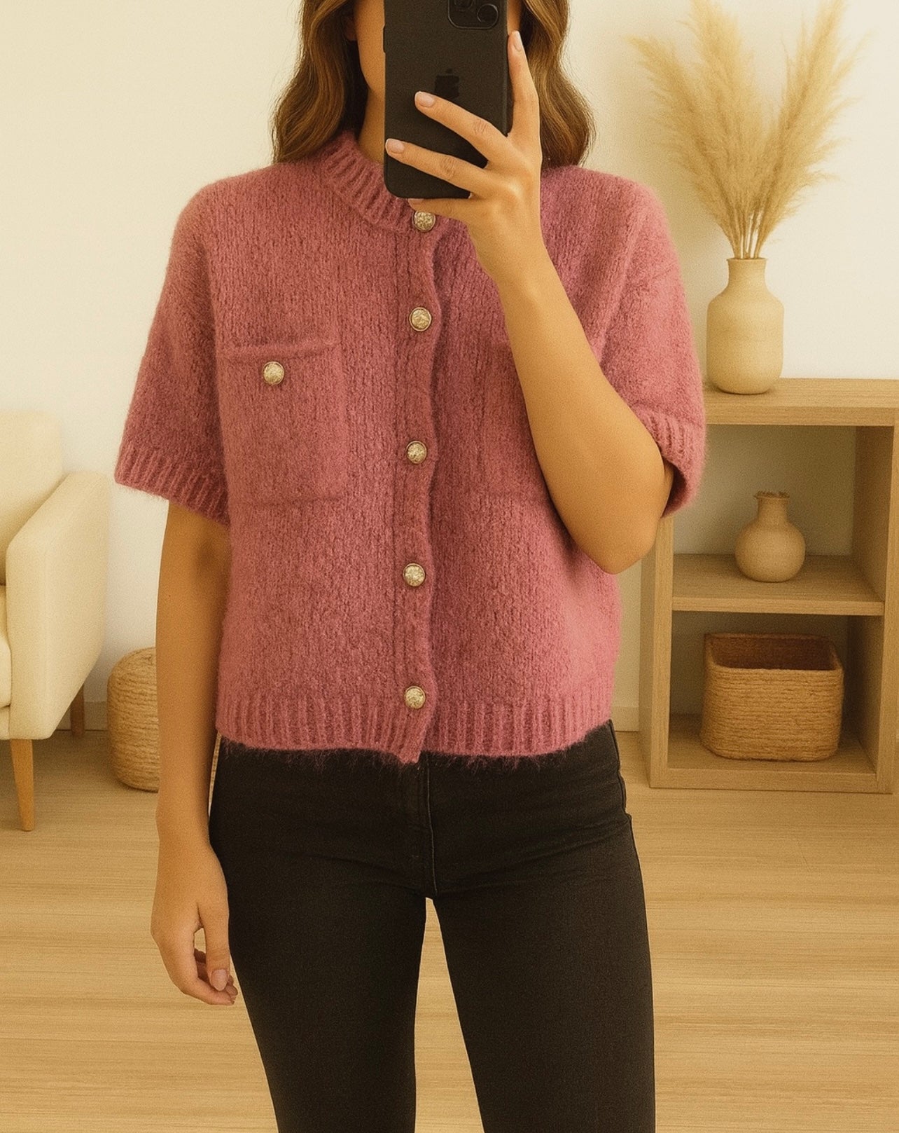 Gilet doux à manches courtes –Rose- Gris