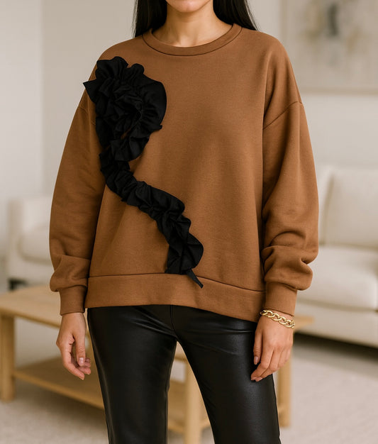 Sweat oversize avec grande fleur noire – Camel