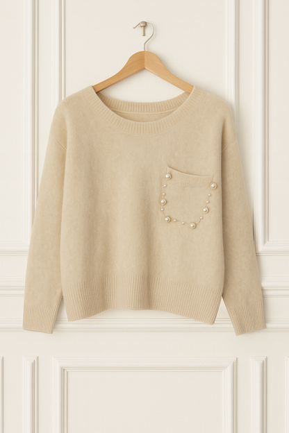 Pull en maille uni avec poche à perles – Beige