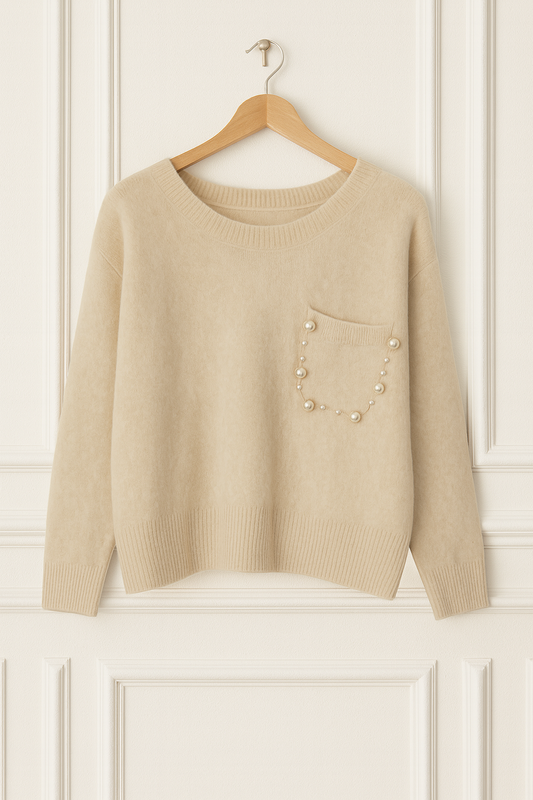 Pull en maille uni avec poche à perles – Beige