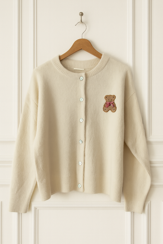 Cardigan blanc en maille avec patch nounours - Blanc