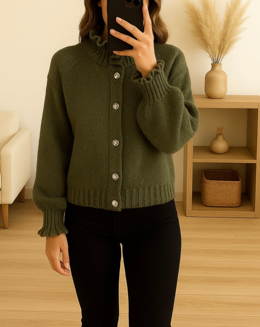 Gilet en maille côtelée à col montant  vert kaki
