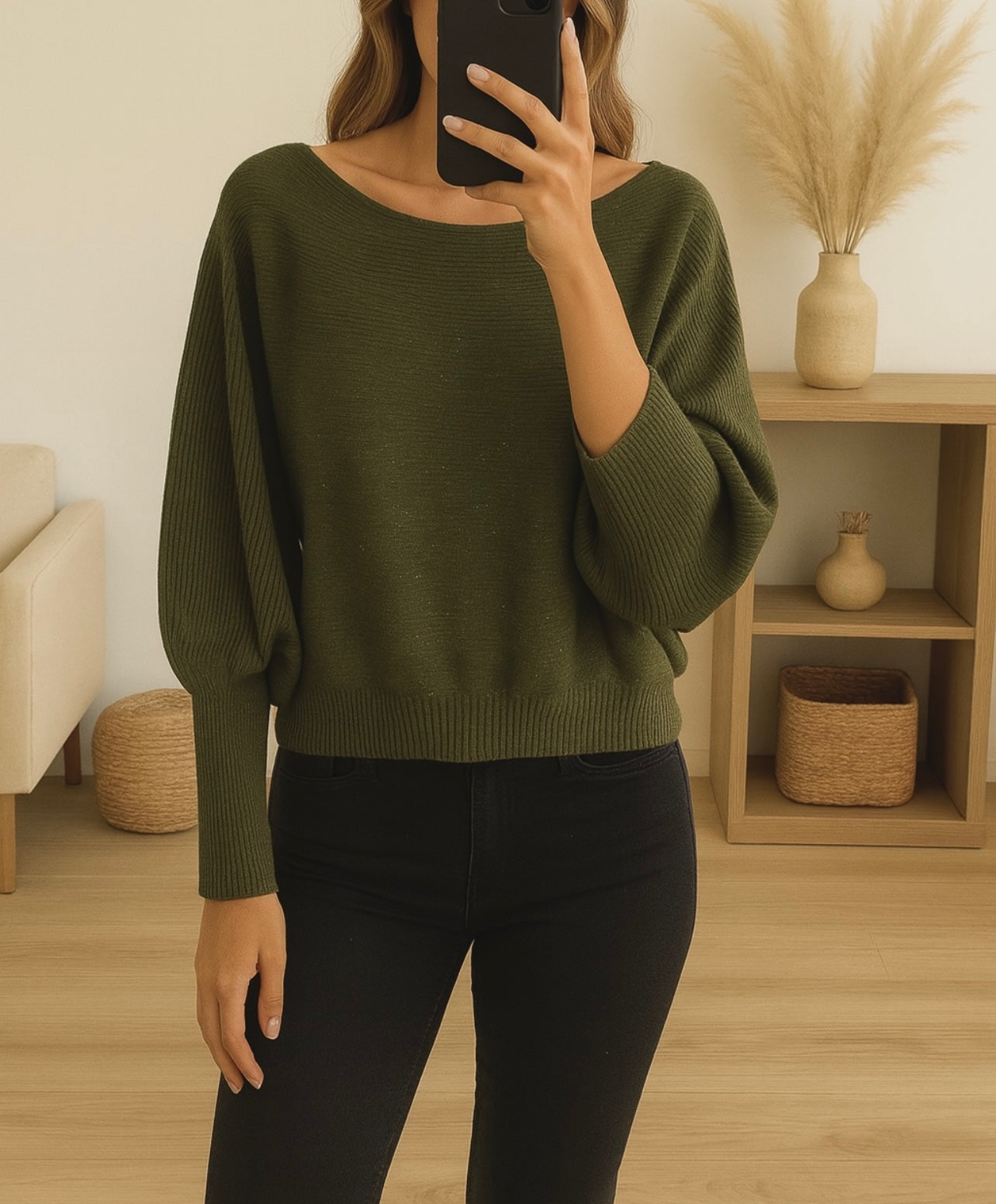 Pull brillant oversize léger  – Kaki ou Beige doré