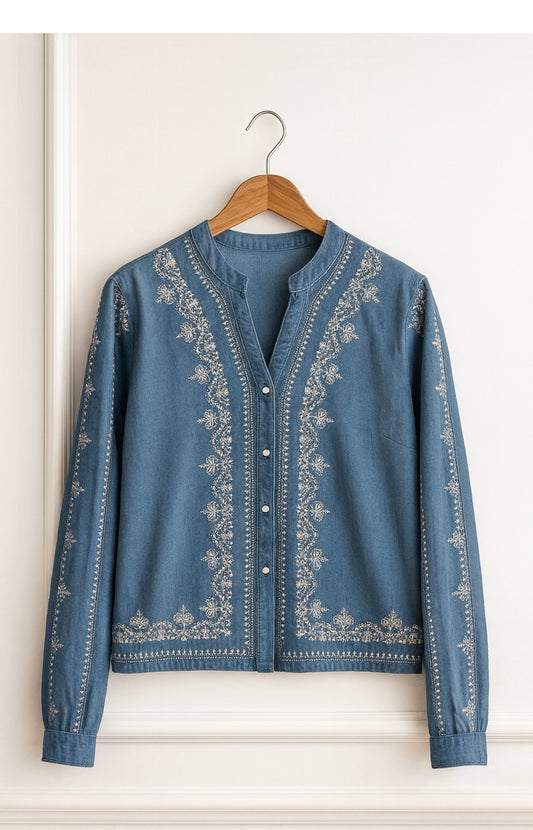 Chemise  en denim brodé – Bleu denim