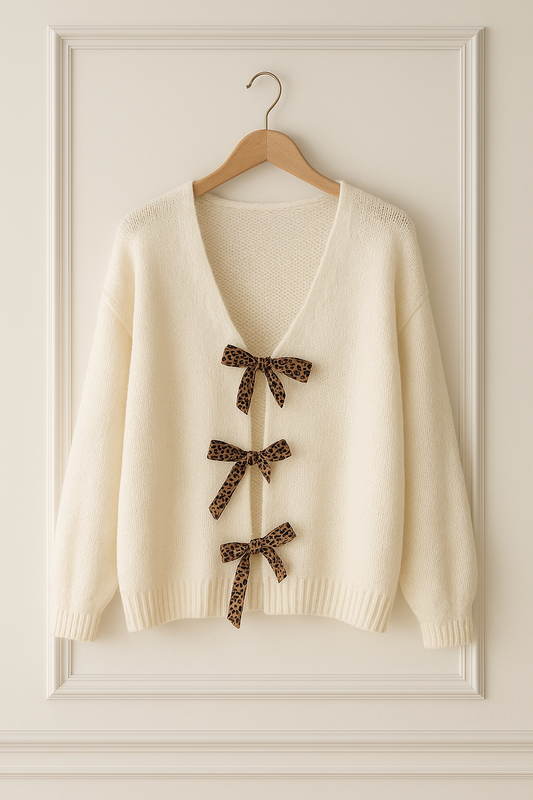 Gilet doux  crème à nœuds léopard