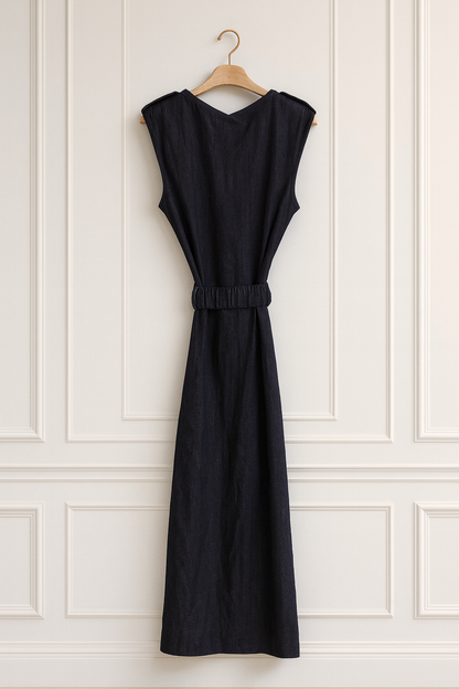 Robe longue en denim avec ceinture dorée