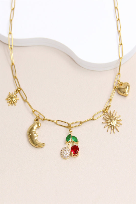 Collier doré à pendentifs charms – Lune, Soleil & Cœur