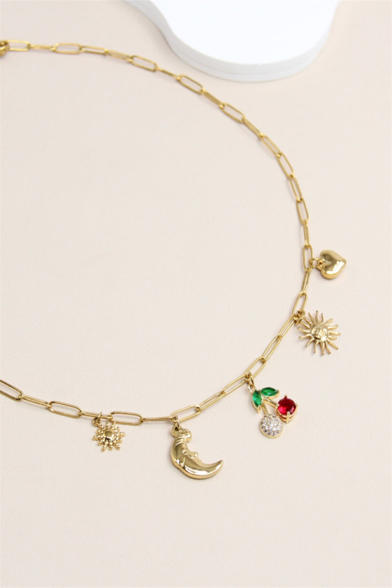 Collier doré à pendentifs charms – Lune, Soleil & Cœur