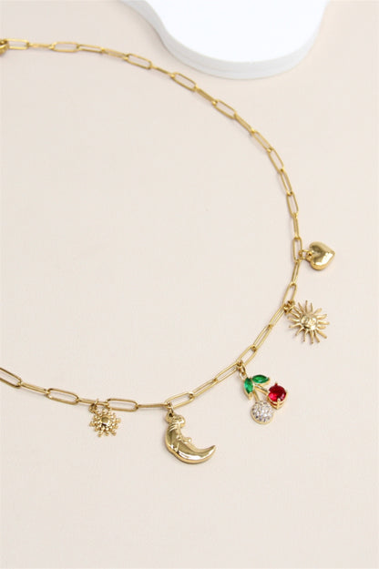 Collier doré à pendentifs charms – Lune, Soleil & Cœur