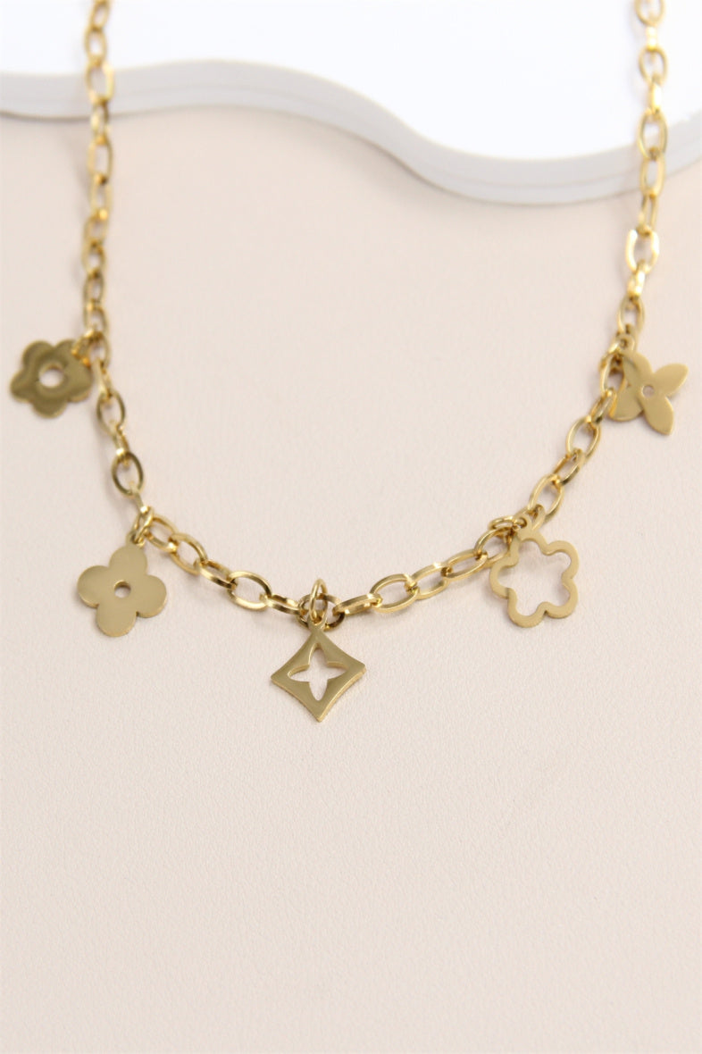 Collier doré à charms trèfle et fleur – Acier inoxydable